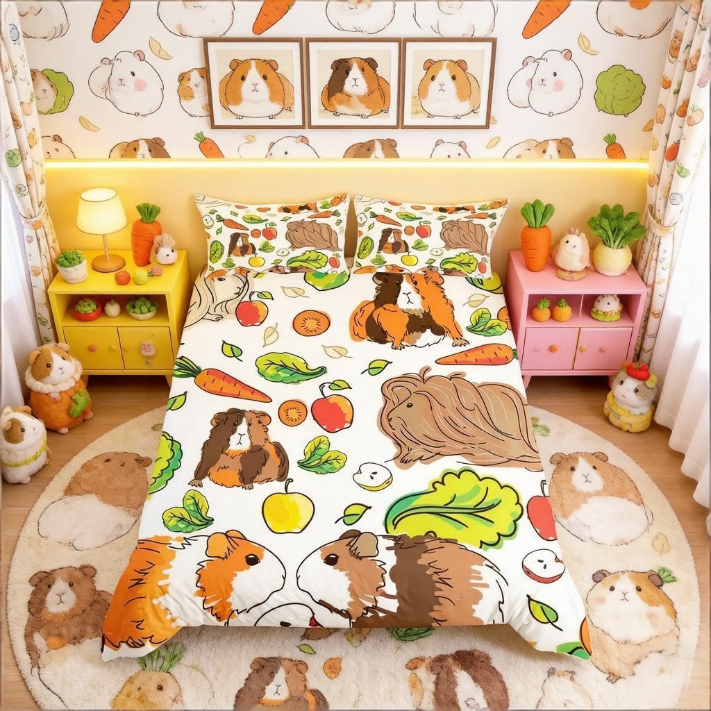 Loussiesd Boys ‎Multicoloured 100008 Cute Guinea Pig Duvet Cover Set Cartoon Animal Comforter Cover For Kids Girls Turnip Greens Fruit Print Bedding Set Lovely Guinea Pig Quilt Cover Room Decor 3Pcs Bedclothes King Size