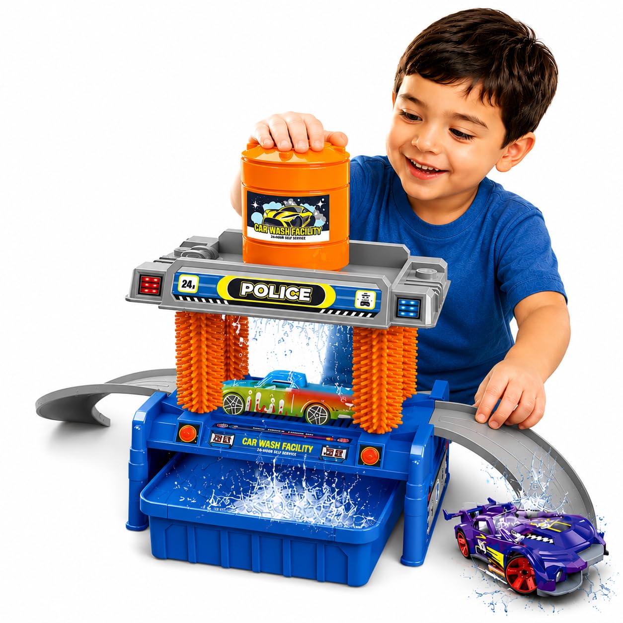 Color Changing Car Wash Playset with Water Tank, Automatic Car Wash Station, Track Toy with 1 Color Change Die-Cast Car, DIY Parking Garage Playset for Kids Age 3+-image-18