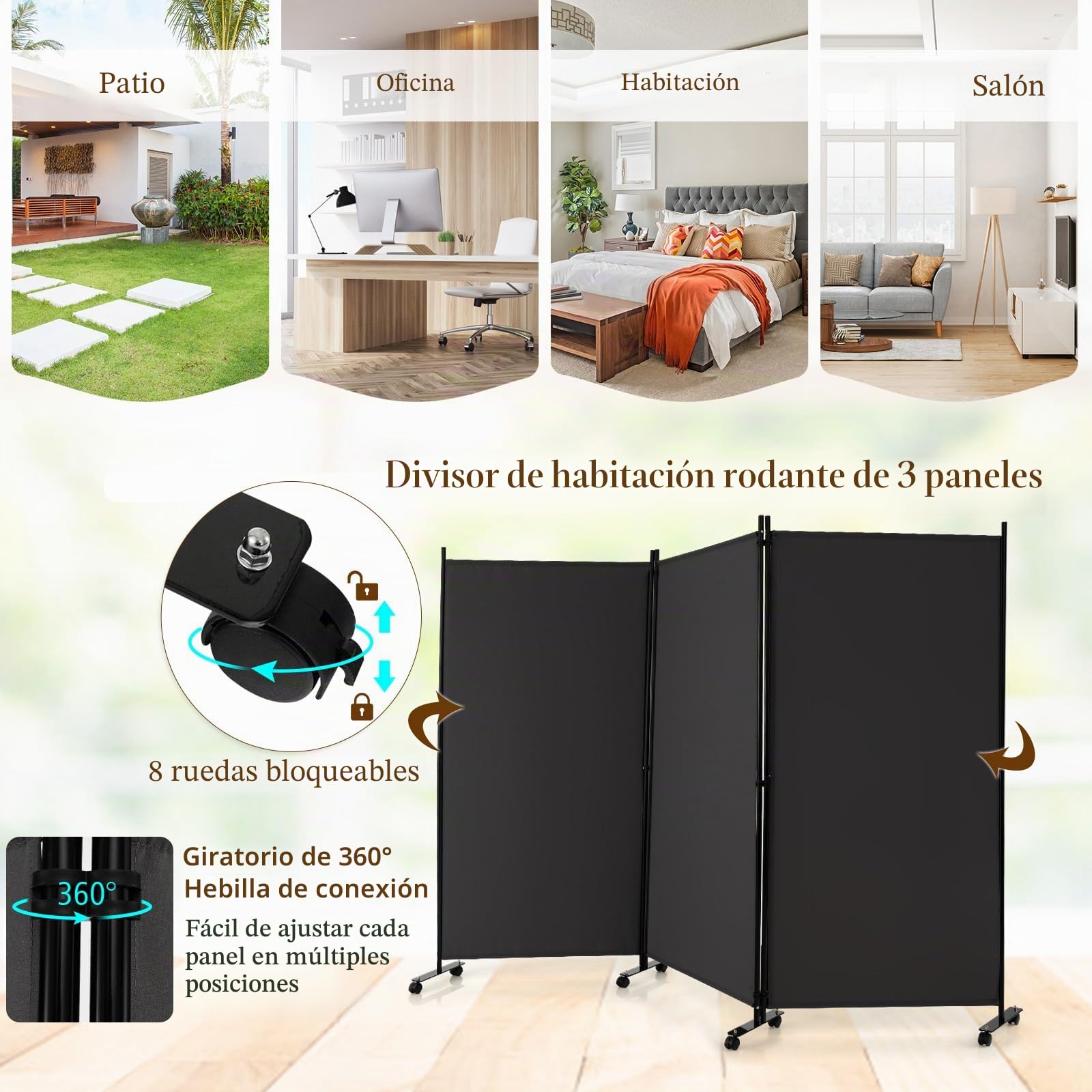 LIFEZEAL Biombo Plegable de 3 Paneles para Interior y Exterior, Divisor de Pie con 8 Ruedas, Pared Tabique, Estructura Metálica, Protección de la Intimidad, Separador de Espacios (Gris)