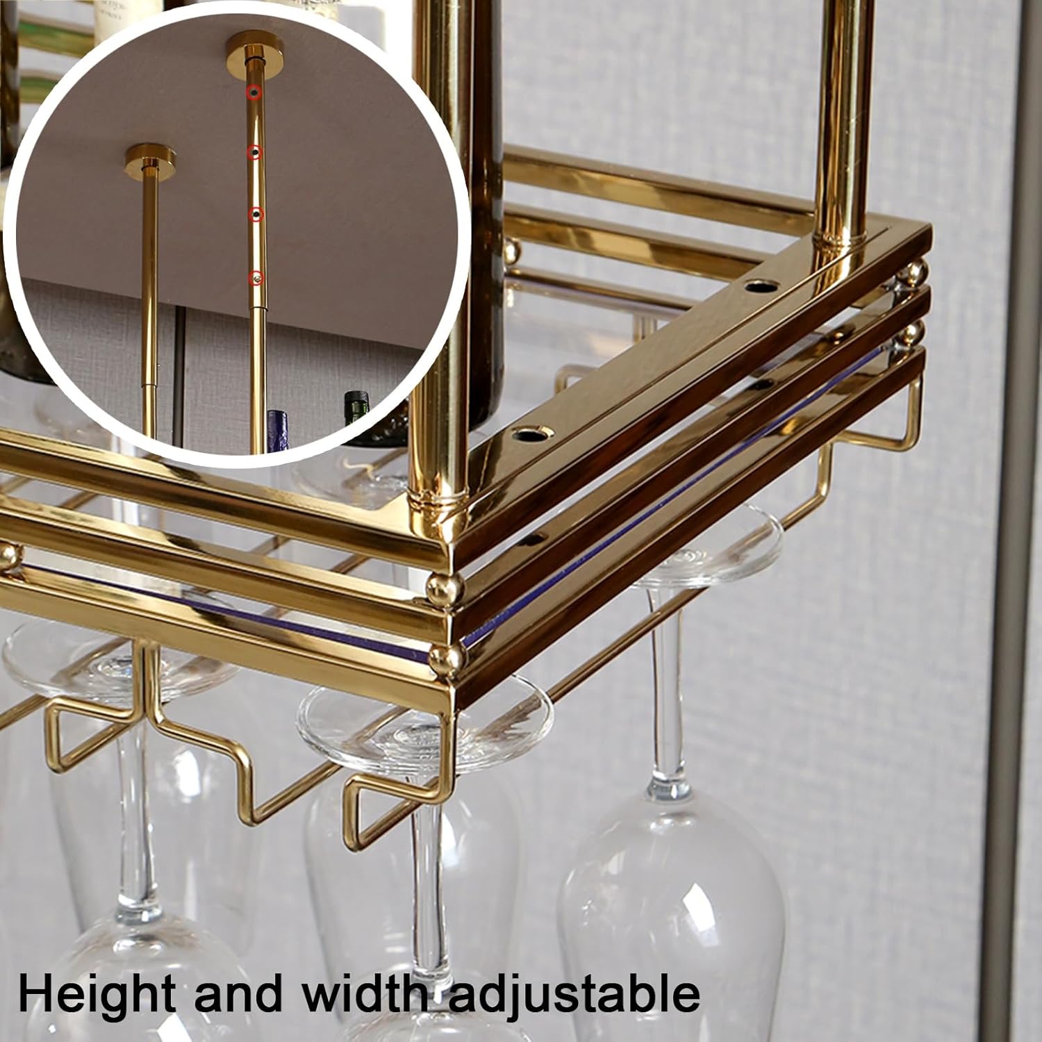 Adjustable Height and Width Wine Rack Suspended Bar Shelves with Security Rail Stainless Steel Construction with Acrylic Shelves Includes Inverted Glass Holder Thickened(39.4x11.8)