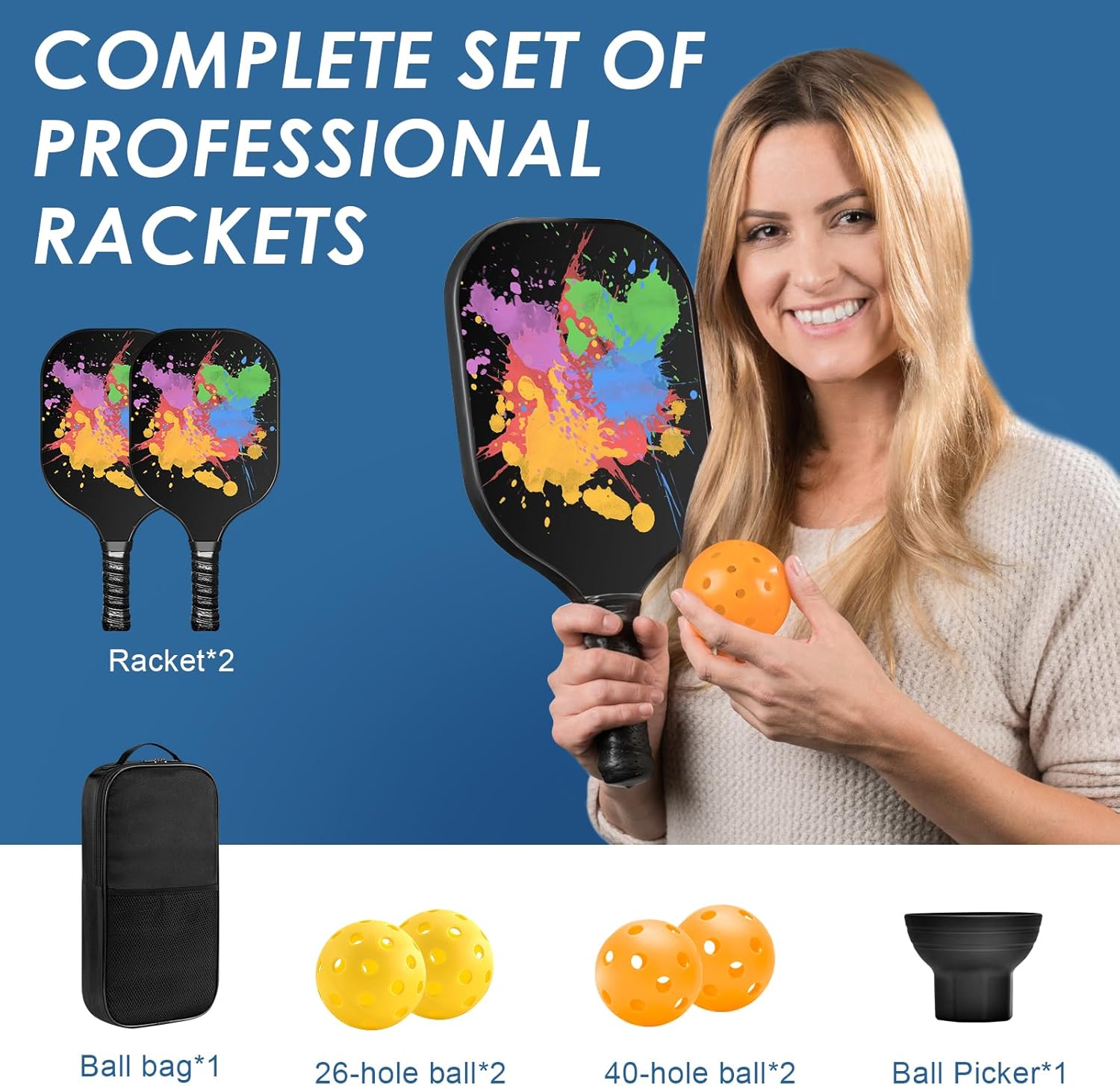 Pickle Ball Set Pickleball Paddles Set of 2 Carbon Fiber Pickleball Paddle Includes 4 Balls, 2 Ball Pickers, 1 Ball Bag Best Gifts for Junior and Professional Pickleball Equipment