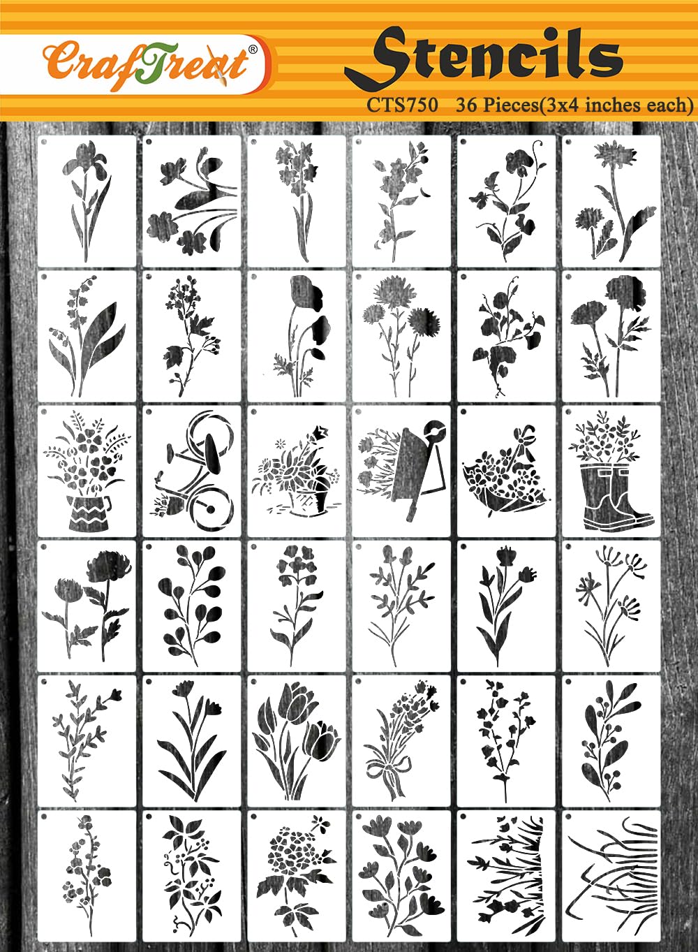 CrafTreat 36-Piece Wildflower Stencils (3x4), DIY Reusable Stencils for Crafts, Clothes, Furniture, Decoration, Walls
