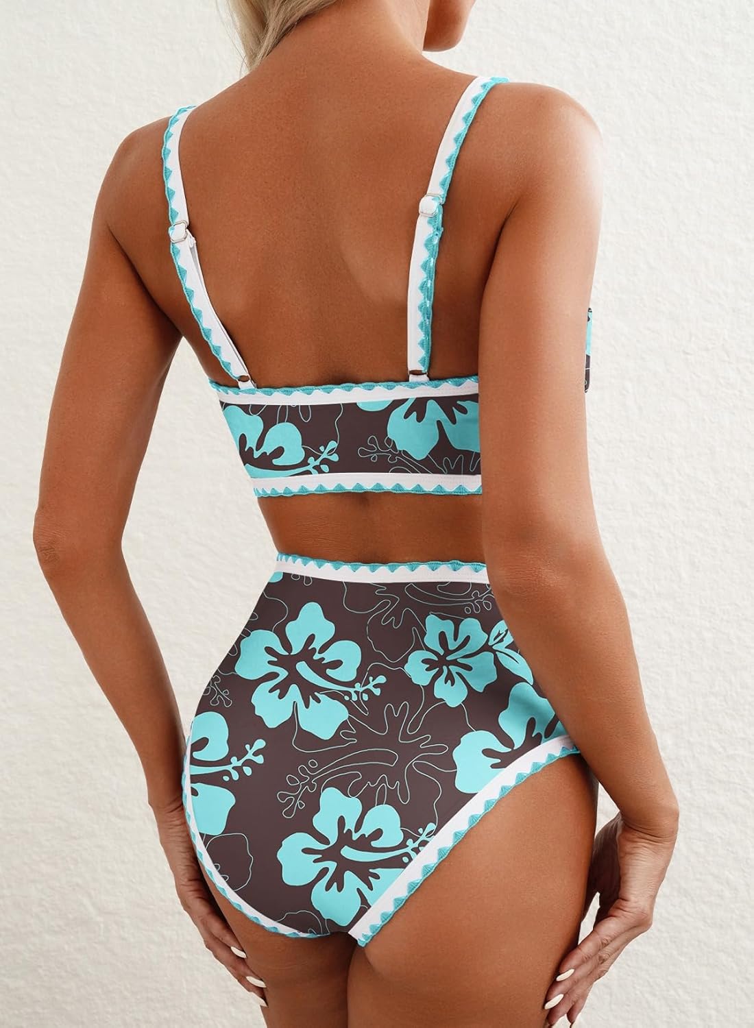 Herseas Women's Bikini Sets Floral Print Whip Stitch 2 Piece Swimsuits High Waisted Scoop Bathing Suits - Image 2