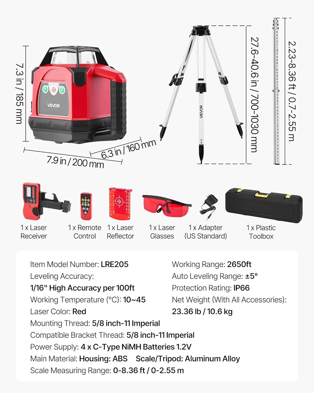 VEVOR Rotary Laser Level Kit, 2650ft 360-Degree Self Leveling Red Horizontal Laser Transit,with Heavy-duty Tripod, Receiver, Remote Control, Toolcase, IP66 Waterproof, 0.06in/100ft for Construction