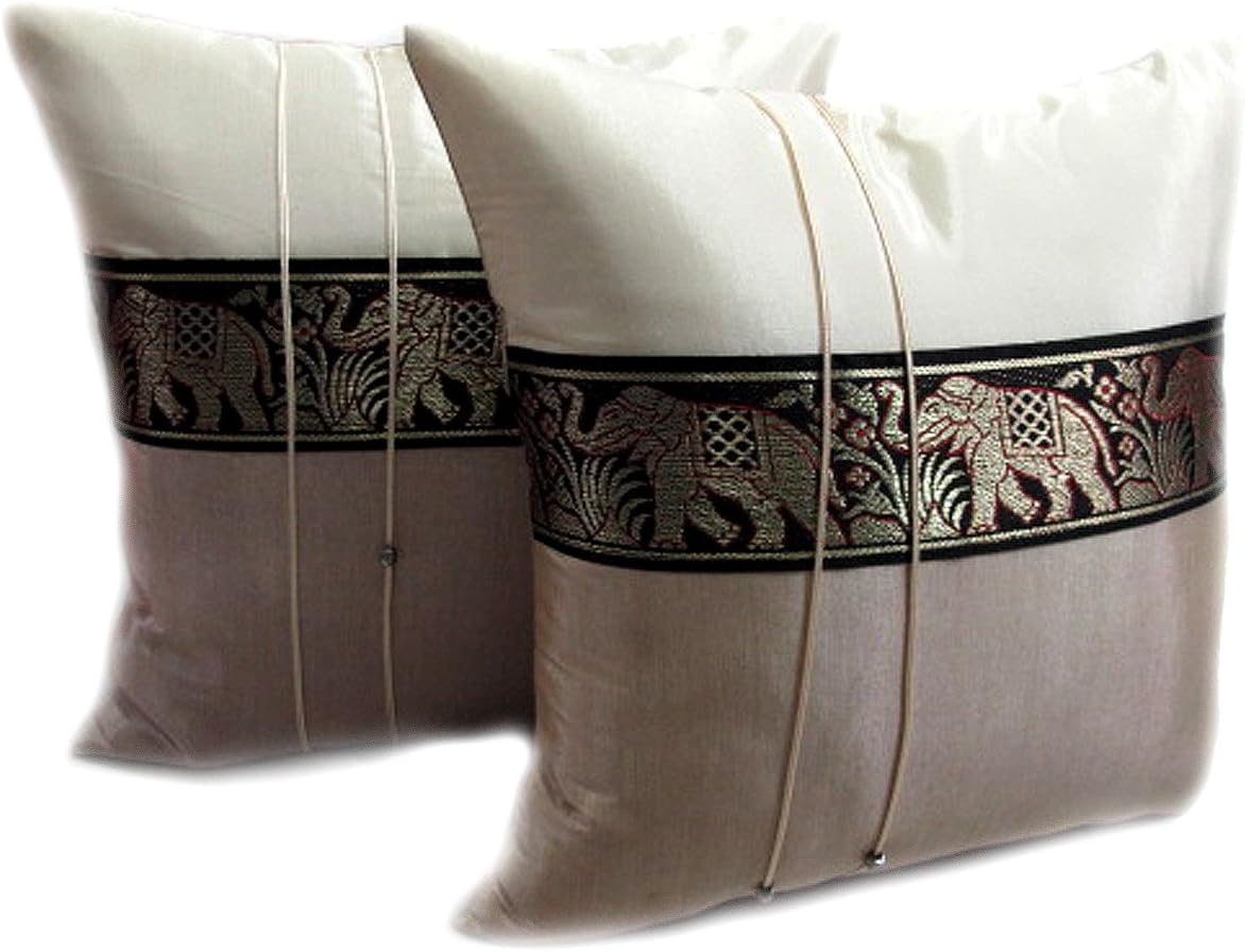 One Pair Elephant Middle Stripe Throw Cushion Cover/Pillow Sham Handmade by Satin and Thai Silk for Decorative Sofa, Car and Living Room Size 16 X 16 Inches