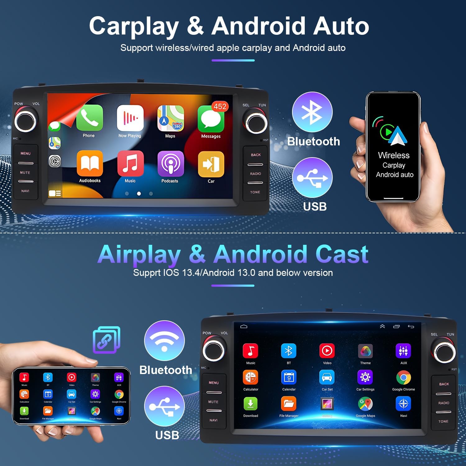 7" Car Stereo Radio for Toyota Corolla 2000-2001-2002-2003-2004-2005-2006 with Wireless Carplay Android Auto Car Radio Audio Receiver GPS Navigation Camera Mirror Link SWC 4+64G