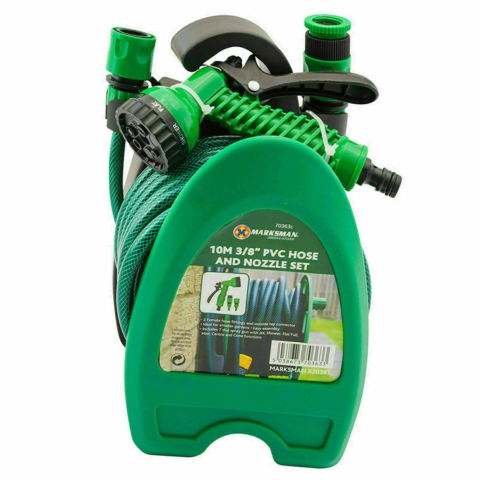 ukdabzz 10m Patio Hose Set - Green Plastic & Rubber Mini Garden Watering Hose Pipe Reel Spray Set - 4 Pattern Hand Spray - Tap Ready, 2x Hose Connector, 1x Tap Adaptor - HARDWARE