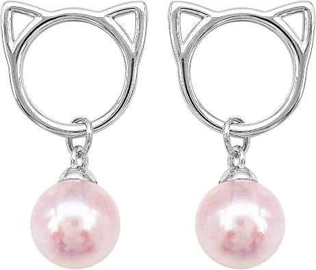 925 Sterling Silver White Gold Plated Fashion Cat Head Bell Ear Stud Earrings