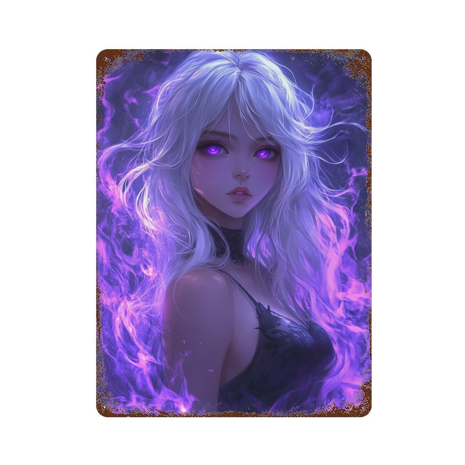 Anime Girl with Purple Flames Decorative Tin Sign 15.7"x11.8", Farmhouse Wall Decor for Garage, Bar And Workshop Decor
