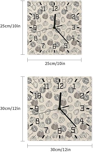 Miniatura 7 de Thanksgiving Wooden Wall Clock Silent Non Ticking, Black Hand Draw Plaid Polka Dot Pumpkins Burlap Square Wall Clock Battery Operated, Decor Clock