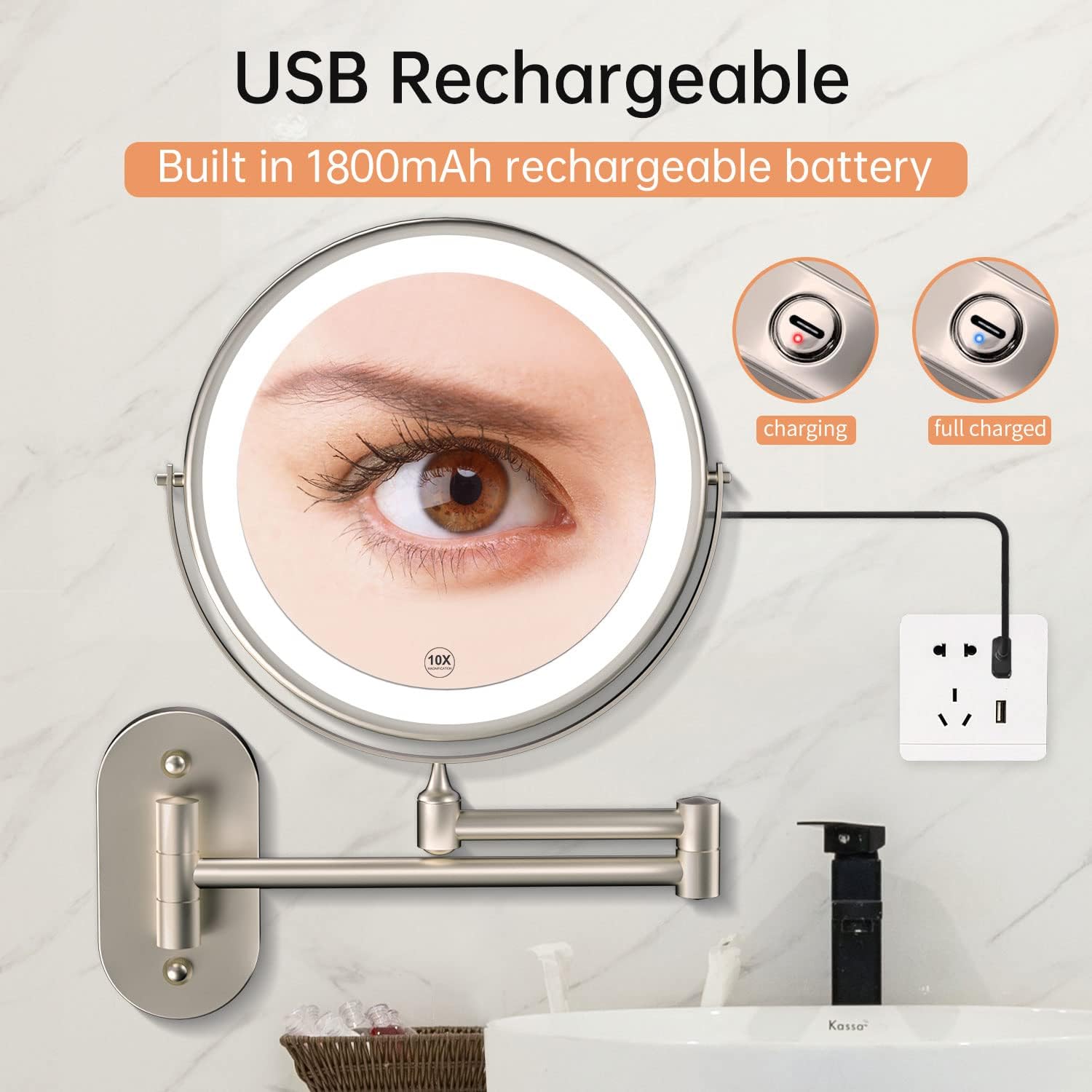 Rechargeable Wall Mounted Lighted Makeup Vanity Mirror 8 Inch Double Sided 1X 10X Magnifying Bathroom Mirror, 3 Color Lighting, Touch Screen Dimming, Extended Arm 360 Rotation Shaving Light up Mirror -