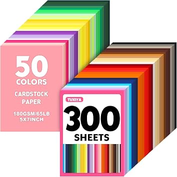 TUXIYA 300 Sheets 5" X 7" Colored Cardstock, 50 Assorted Colors Construction Paper Card Stock Printer Paper for Printing, Card Making, DIY Crafts,School Supplies,Party Decorations 180GSM/65LB