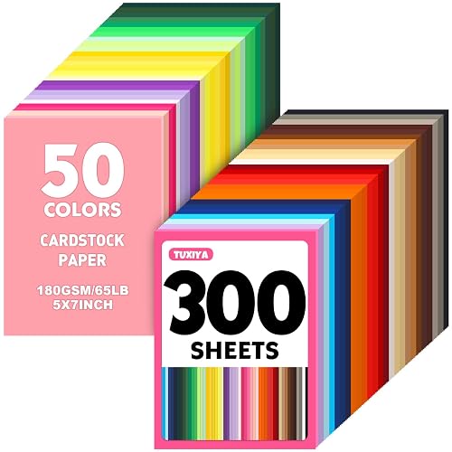 TUXIYA 300 Sheets 5" X 7" Colored Cardstock, 50 Colors Card Stock | 50 Assorted Colors Construction Paper Printer Paper for Printing, Card Making, DIY Crafts, School Supplies,Party 180GSM/65LB