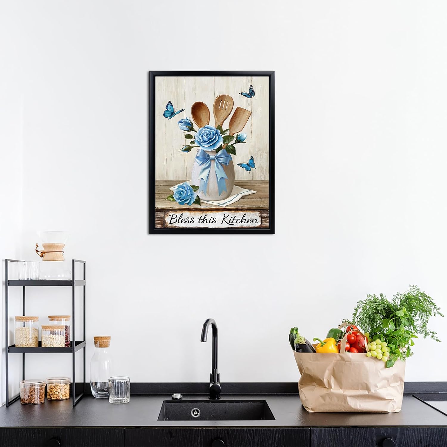 Visual Art Decor Kitchen Framed Wall Art Rustic Farmhouse Dining Room Decor Picture Vintage Country Home Wall Decor, Framed 12x16inch (Blue)