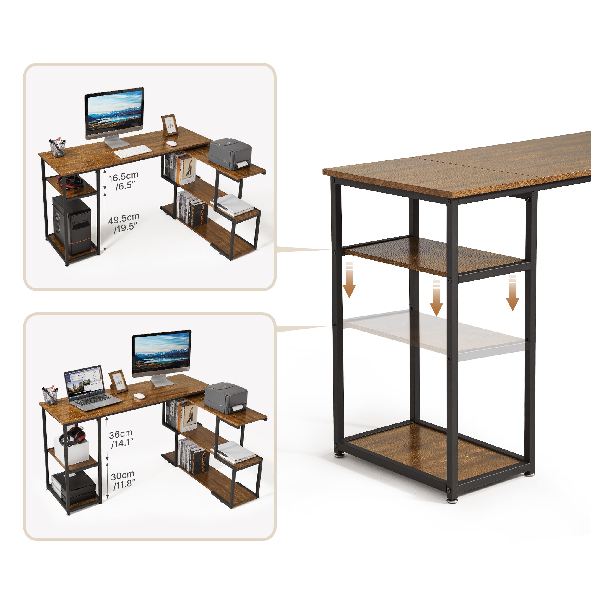 Mondeer Bureau d'angle,Bureau avec Rangement,135x110x75cm,Marron Rustique