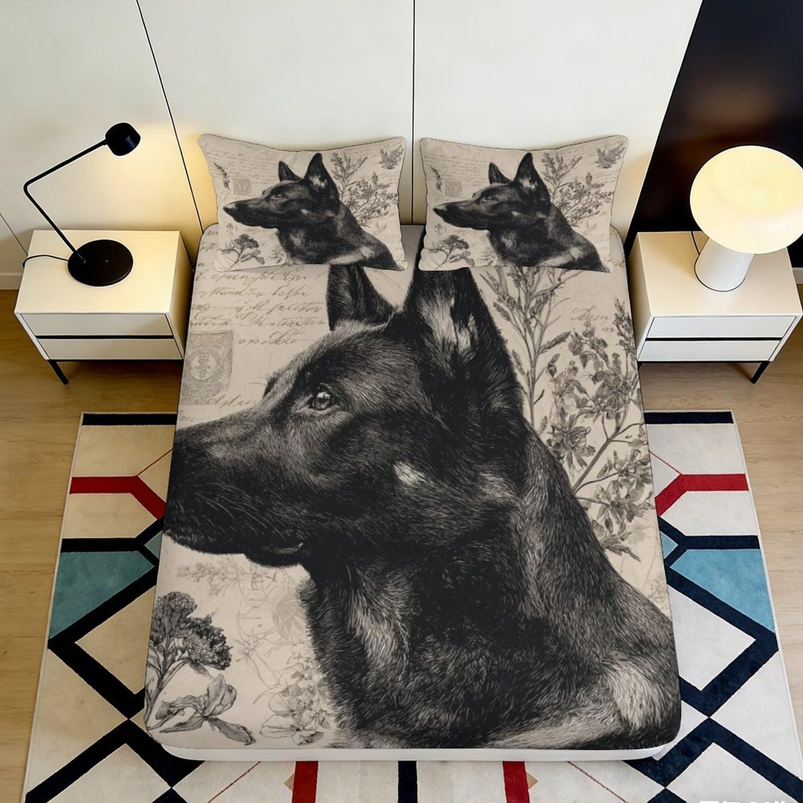 3D Printed German Shepherd Fitted Sheet Microfiber Soft Animal Sketch Mattress Cover for Bedroom Dorm Decoration 90x200x25cm
