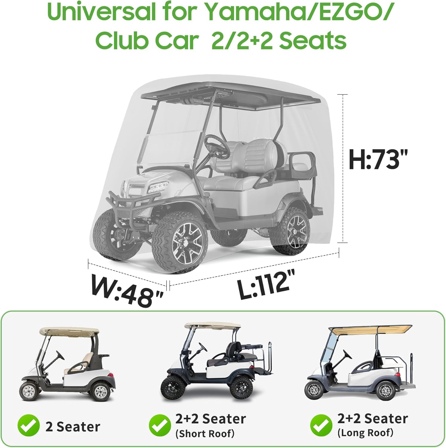10L0L Housse de chariot de golf pour 4 + 2 passagers, convient pour Yamaha EZGO, Club Car, housse imperméable en polyester 420D avec trois portes à fermeture éclair, coupe-vent et solaire, camouflage
