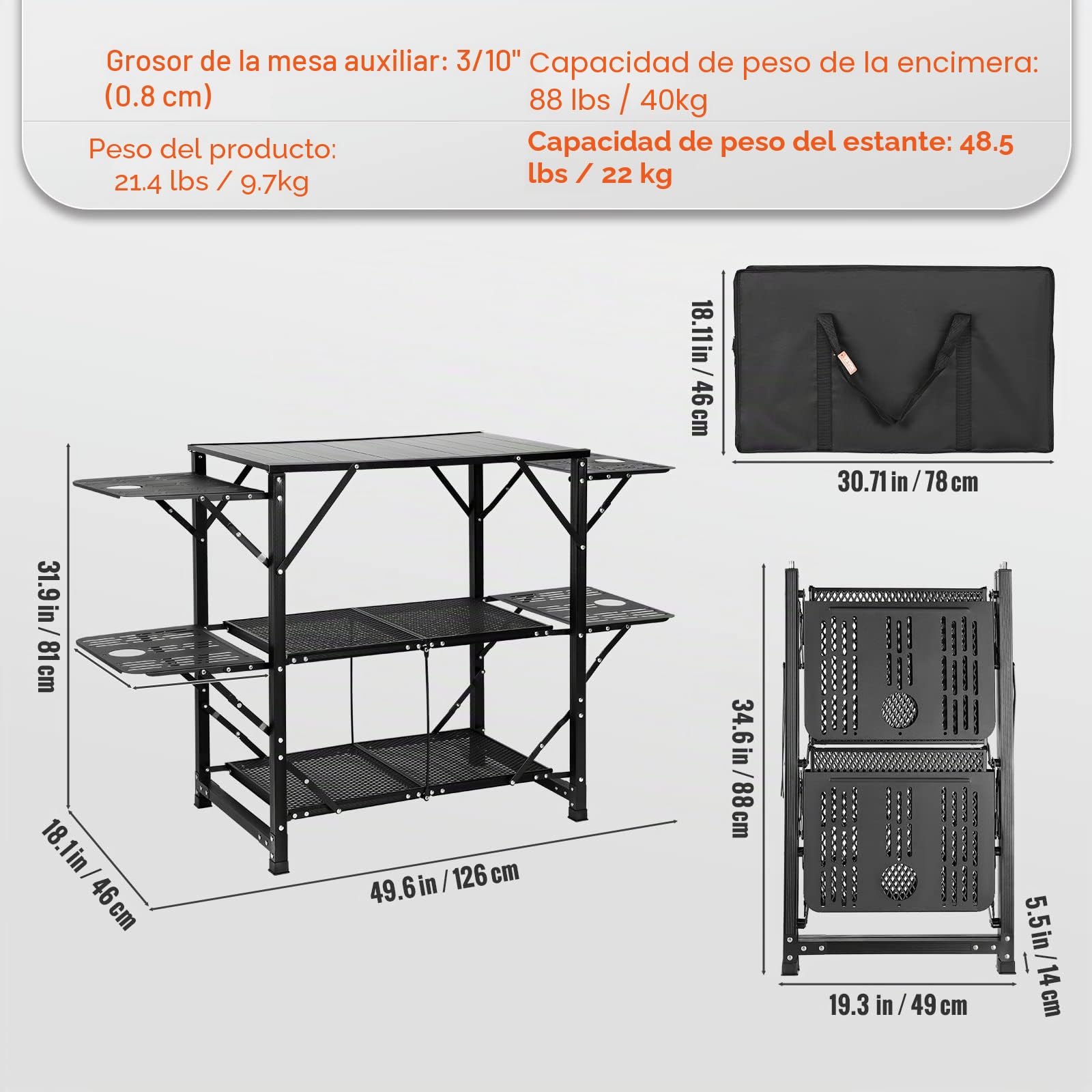 VEVOR Mesa de Cocina de Camping, Estación de Cocina Portátil Plegable con Bolsa de Transporte, Mesa de Camping de Aluminio de 126 x 46 x 81 cm para Pícnics al Aire Libre, Barbacoas, Camping