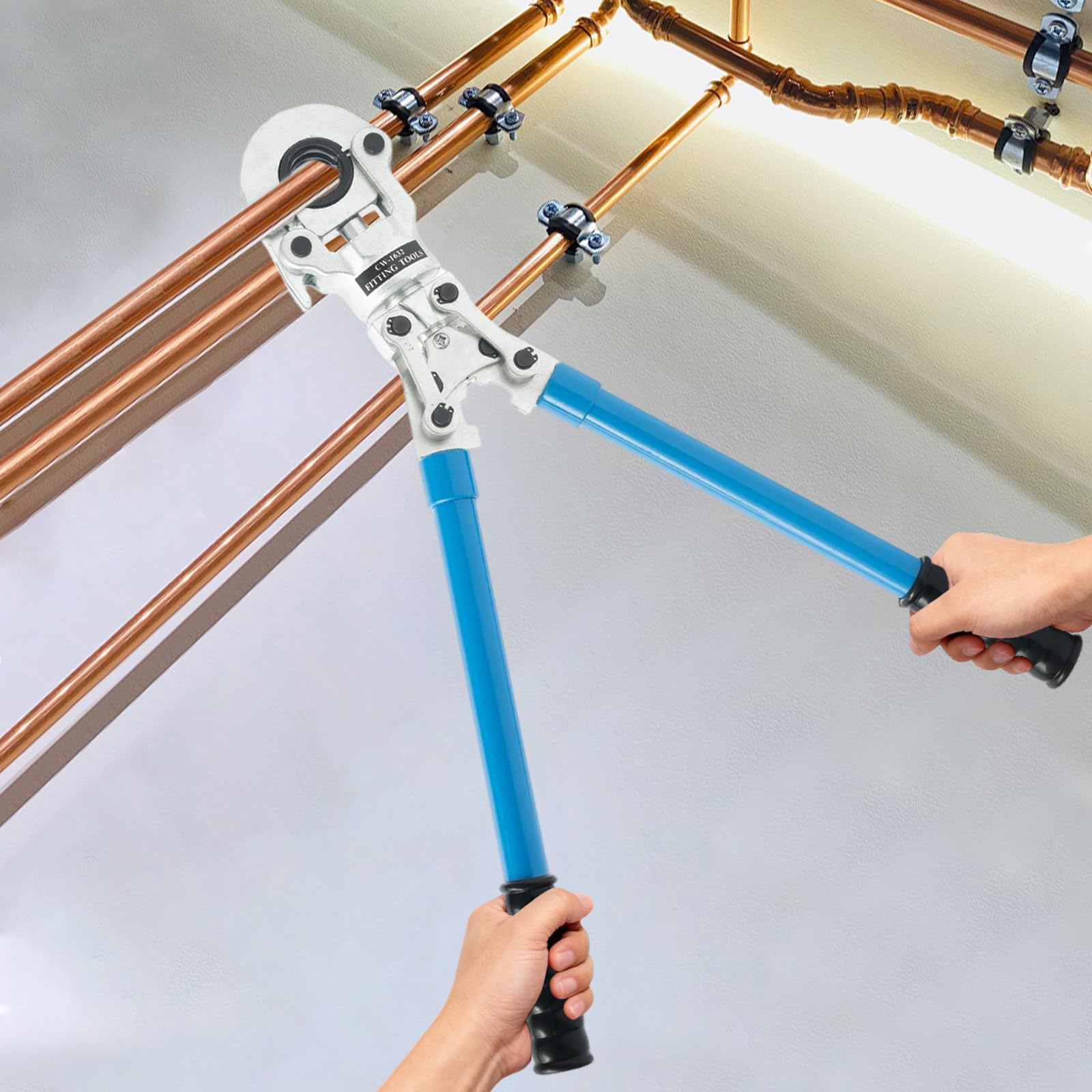 Pinza meccanica, 6 tonnellate, set da 9 pezzi, con 9 ganasce a pressione, testa girevole a 360°, manico telescopico per tubo in rame, tubo composito PEX, tubo in alluminio, set di valigetta degli