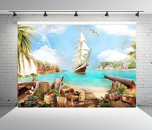 Miniatura 5 de BELECO Telón de fondo de tela de 9 x 6 pies, diseño de pirata, barco pirata, cofres del tesoro, barriles, loro, océano, velero, montaña, cascadas,