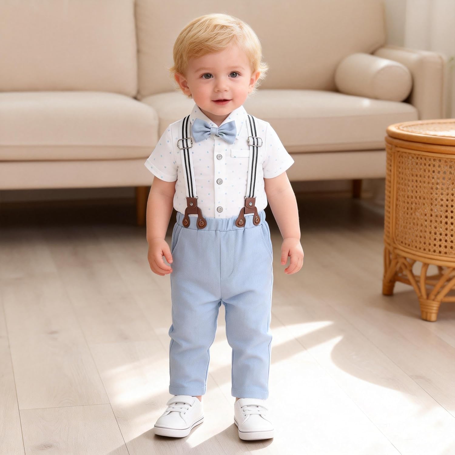 Baby Boy Clothes Gentleman Outfits Infant Bodysuit Short Sleeve Shirt with Bowtie Suspender Pants Suits Set 0-18M - Image 9