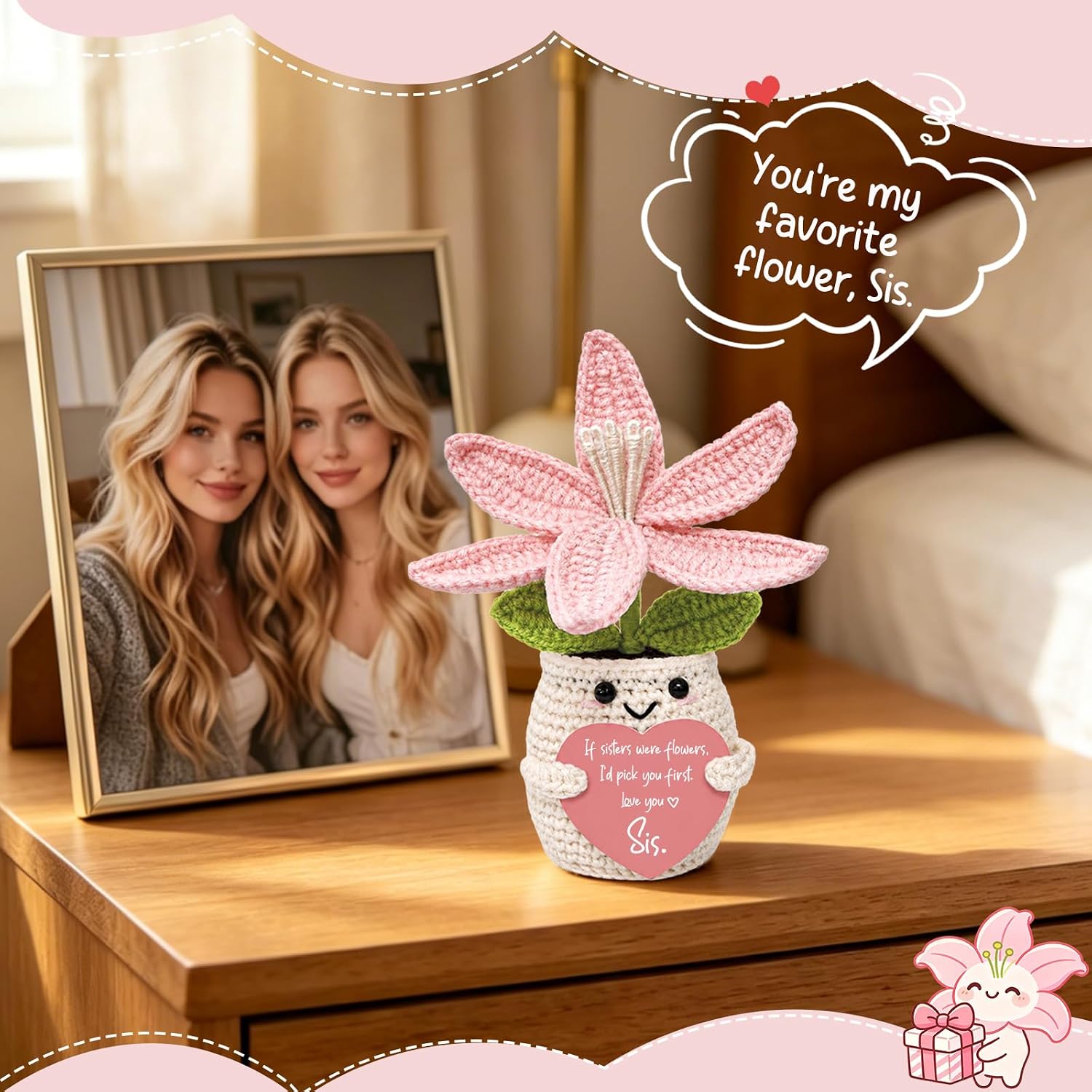 Sister Birthday Gifts from Sister Brother - Handmade Pink Lily Croche,Unique Gifts for Women Soul Sister in Law Best Friend,Valentine's Day Love Gifts Graduation Anniversary Decorations image 4