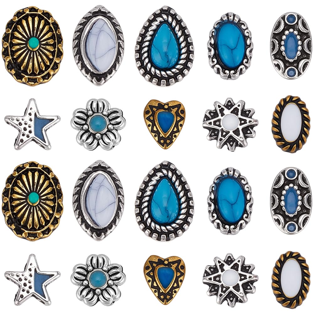 SOFPLATE 50Pcs 10 Styles Small Turquoise Nail Charms Western Nail Decorations Silver 3D Oval Star Heart Flower Tibetan Vintage Alloy Gems Cabochons for Manicure Hair Clip Phone Case Album DIY Craft