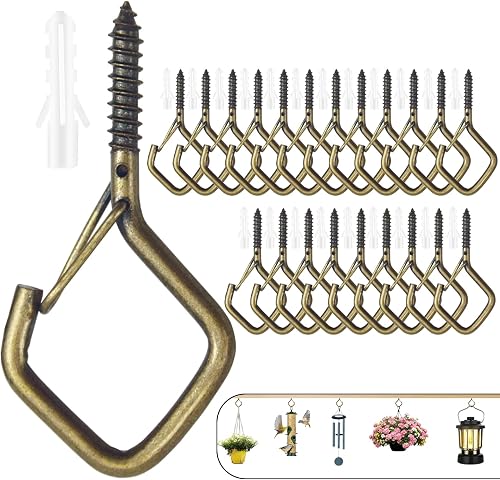 22 PCS Heavy Duty Bronze Eye Screw Hooks with Safety Buckle, No Drill Bit Included, 2.2 Inch Ceiling Hooks for Hanging Plants, Bird Feeders, Wind Chimes, String Lights, Indoor & Outdoor