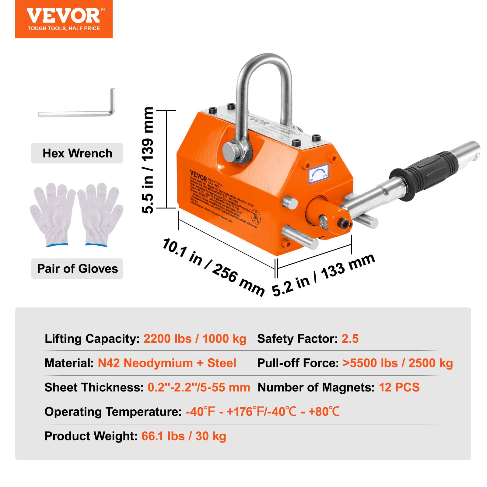 VEVOR Levage Magnétique 1000 kg Aimant de Levage Permanent en Néodyme N42 Porteur Magnétique 256x133x139 mm avec Crochet Chromé Facteur de Sécurité 2,5 Outil pour Manutention Tôle Matériel Magnétique