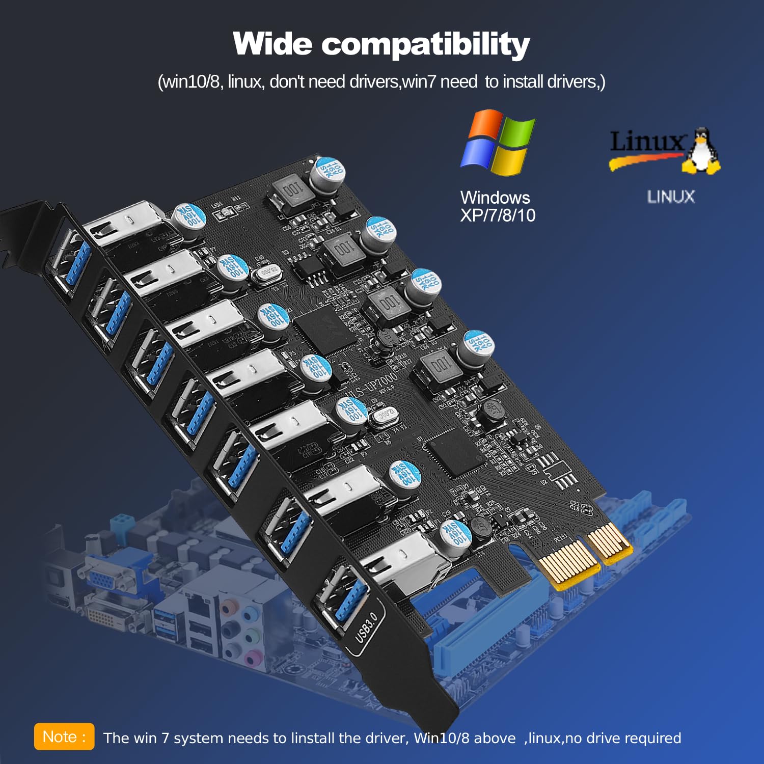Tarjeta de expansión USB 3.0 PCIe de 7 Puertos, PCI Express USB Añadir en Tarjeta 5Gbps USB 3.0 PCI Express Tarjeta de expansión para PC de Escritorio Windows XP/Vista 7/8/8.1