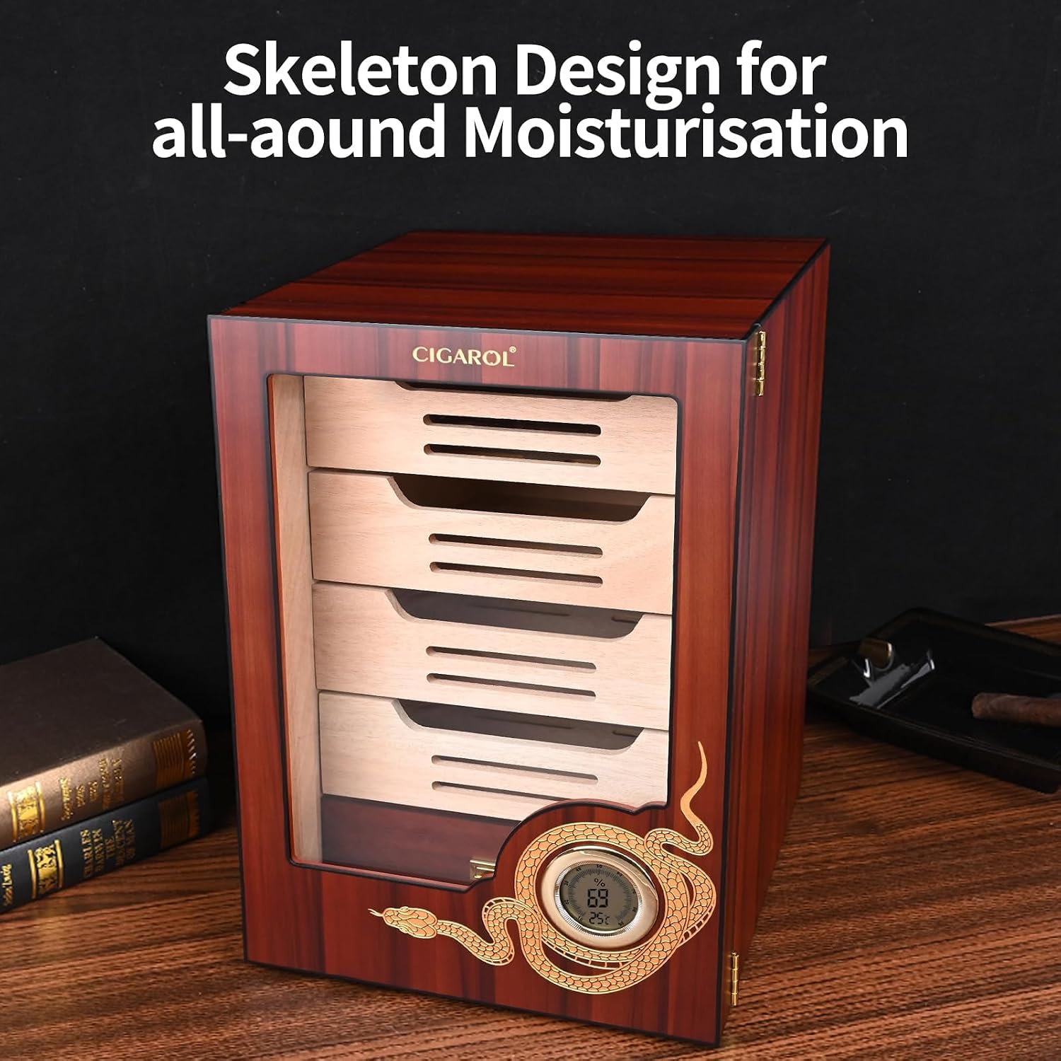 Cigar Humidor Cabinet, Cedar Wood Desktop Humidor Case with Digital Hygrometer, 4-Layer Compartments and Accessories Drawer, Holds 100-150 Cigars, Gifts for Men Fathers