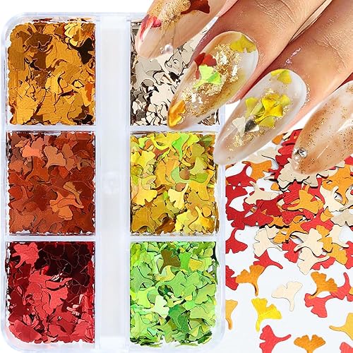 Arte de uñas de otoño, 3D holográfico Ginkgo hojas de otoño brillantina, 6 colores, láser de hojas de otoño, calcomanías de uñas de hojas de otoño,