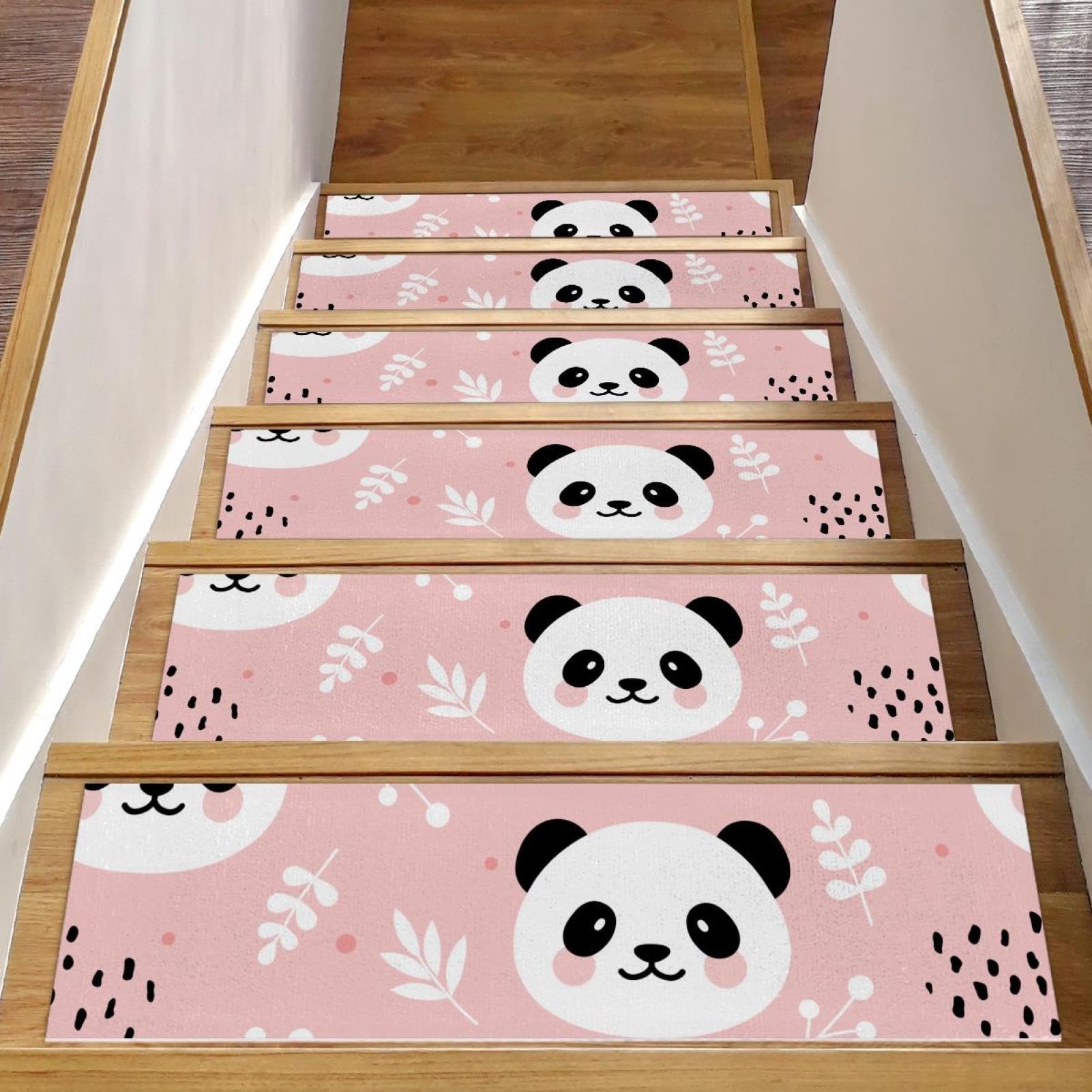 Alfombras antideslizantes para escaleras de madera con diseño de hojas y borde rosa