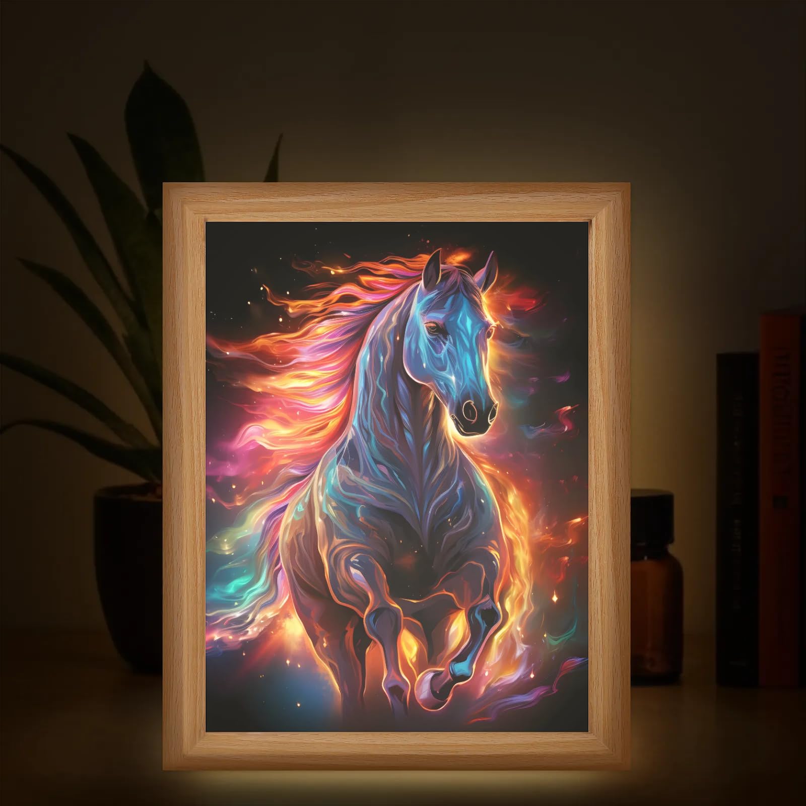 Light Up Painting, Fire Horse Wall Art Picture Light Colorful Horse Light Up Desktop Art Decor, 10 Brightness, USB Powered, 3 Lighting Modes, Anxiety Relief Gift for Bedroom Home - Without Frame