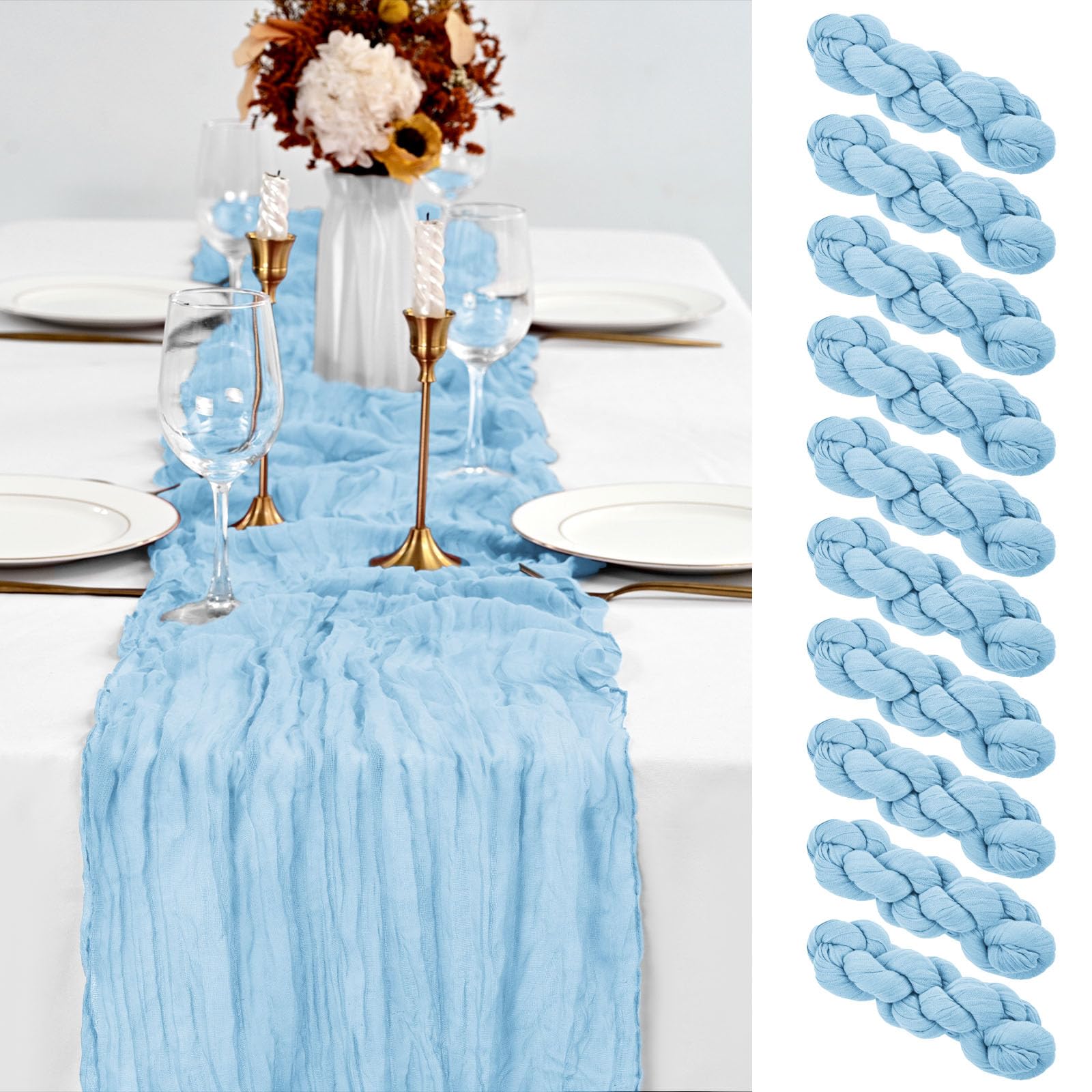 Photo 1 of 10 Pack Light Blue Table Runner 10Ft Cheesecloth Table Runner Boho Gauze Cheese Cloth Table Runners Romantic Long Sheer Fabric Table Runners for Wedding Party Bridal Shower