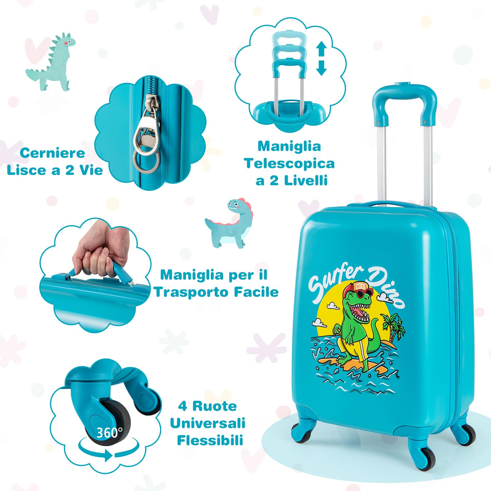 COSTWAY Set di 2 Valigia per Bambini, 17" Valigia+ 13" Zaino, con Ruote Girevoli a 360°, Maniglia Retrattile e Spallacci Regolabili, Ideale per Viaggiare in Modo Comodo e Divertente (Modello 1)