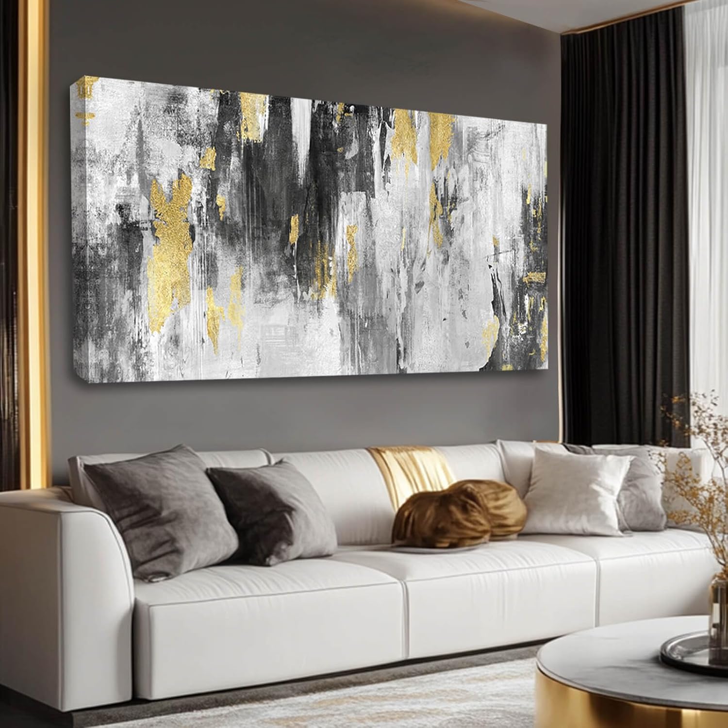 Large Wall Art Living Room Decor Black and Gold Abstract Art Wall Modern Artwork Decor for Office Bedroom Kitchen 24x48 In 24"x48" Grey