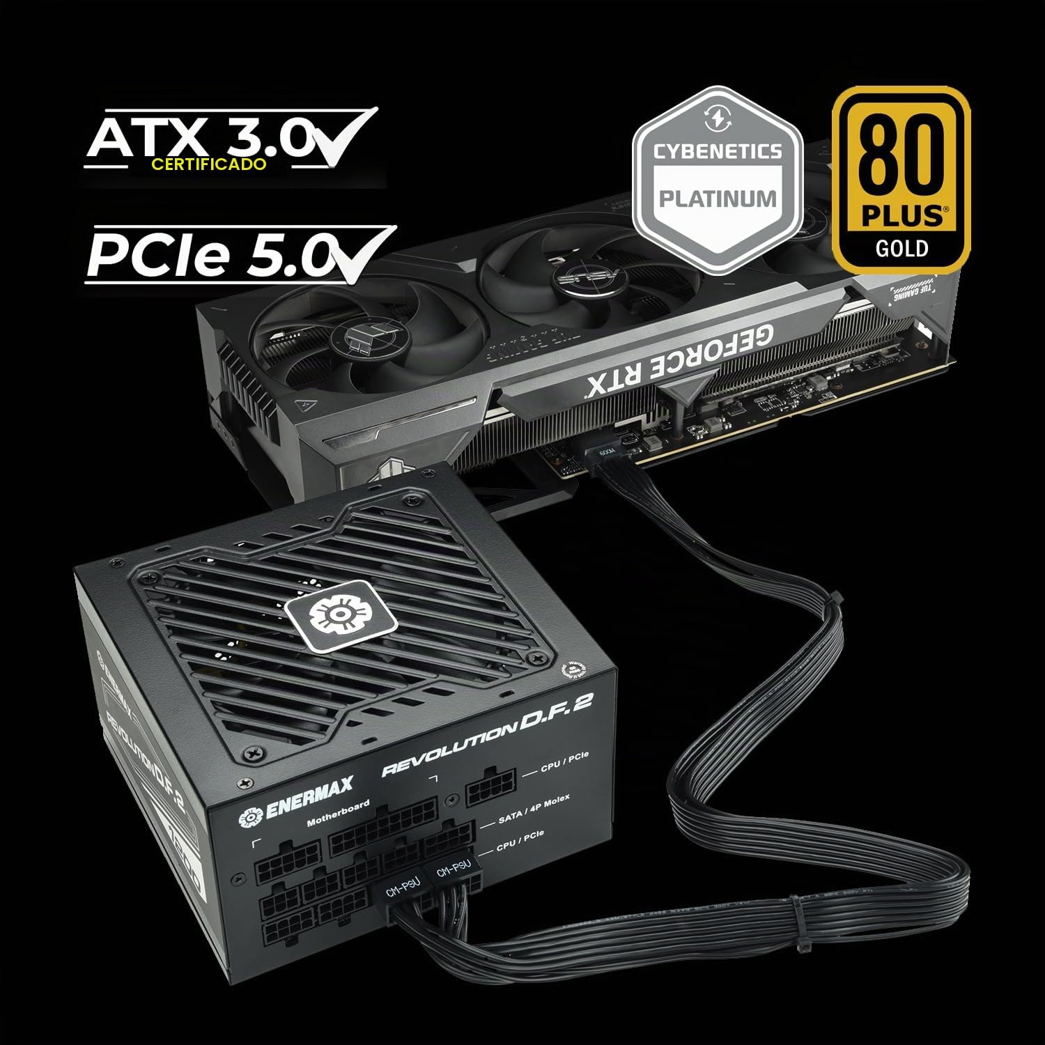 ENERMAX Revolution D.F. 2 ATX Compacto Fuente de Alimentación 1050W 80Plus Gold (Totalmente Modular, Cable Plano Cable, Semi-Fanless), ERS1050EWT, Negro