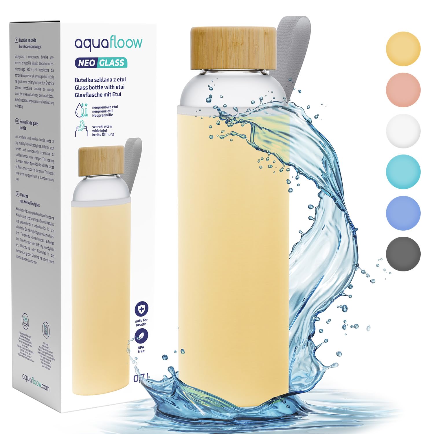 Aquafloow Przezroczysta Butelka do Picia 700 ml z Neoprenowym Etui, Szklana Butelka na Wodę ze Szkła Borokrzemowego z Bambusową Zakrętką | do Biura, na Zewnątrz, do Napojów Gazowanych – Żółty