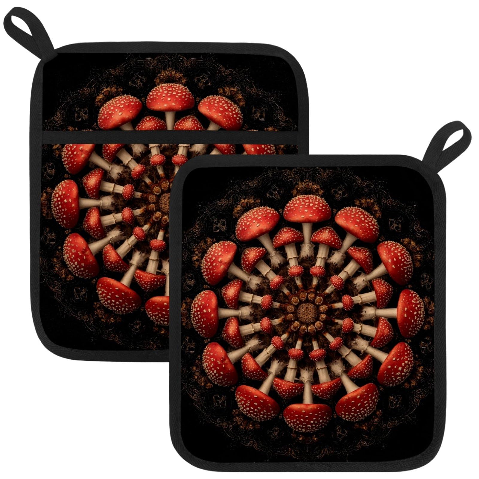 VAPOKF Mushrooms Floral Heat Resistant Pot Holders, Thick Pot Holders Pad with Hanging Loop for Kitchen, Oven Cloth Pads for Kitchen Baking Microwave Oven