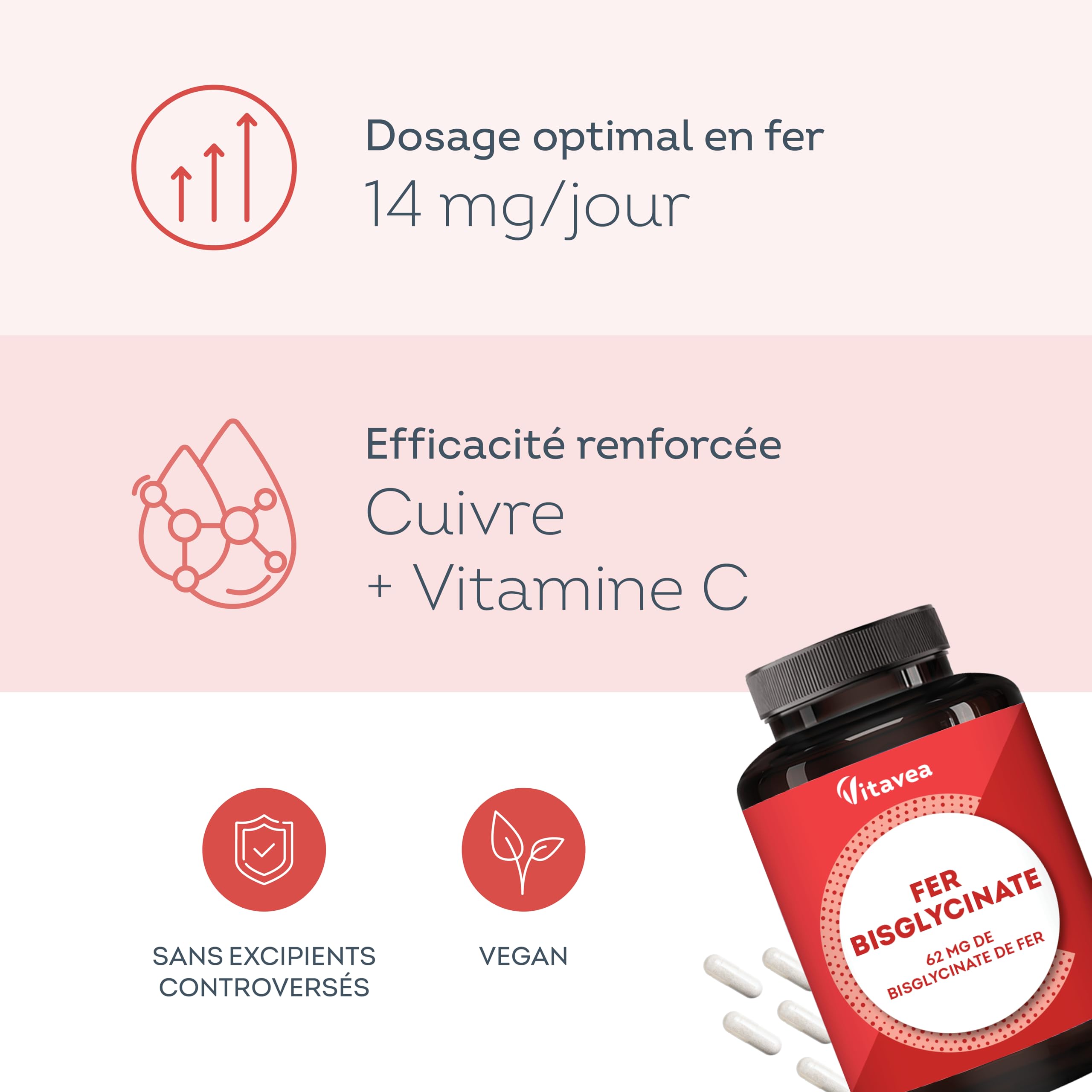 Fer Bisglycinate 14 mg + Vitamine C & Cuivre - Haute absorption, Réduit la Fatigue, Soutien Immunitaire - Avec Cuivre - 120 gélules Vegan - Fabriqué en France - Vitavea