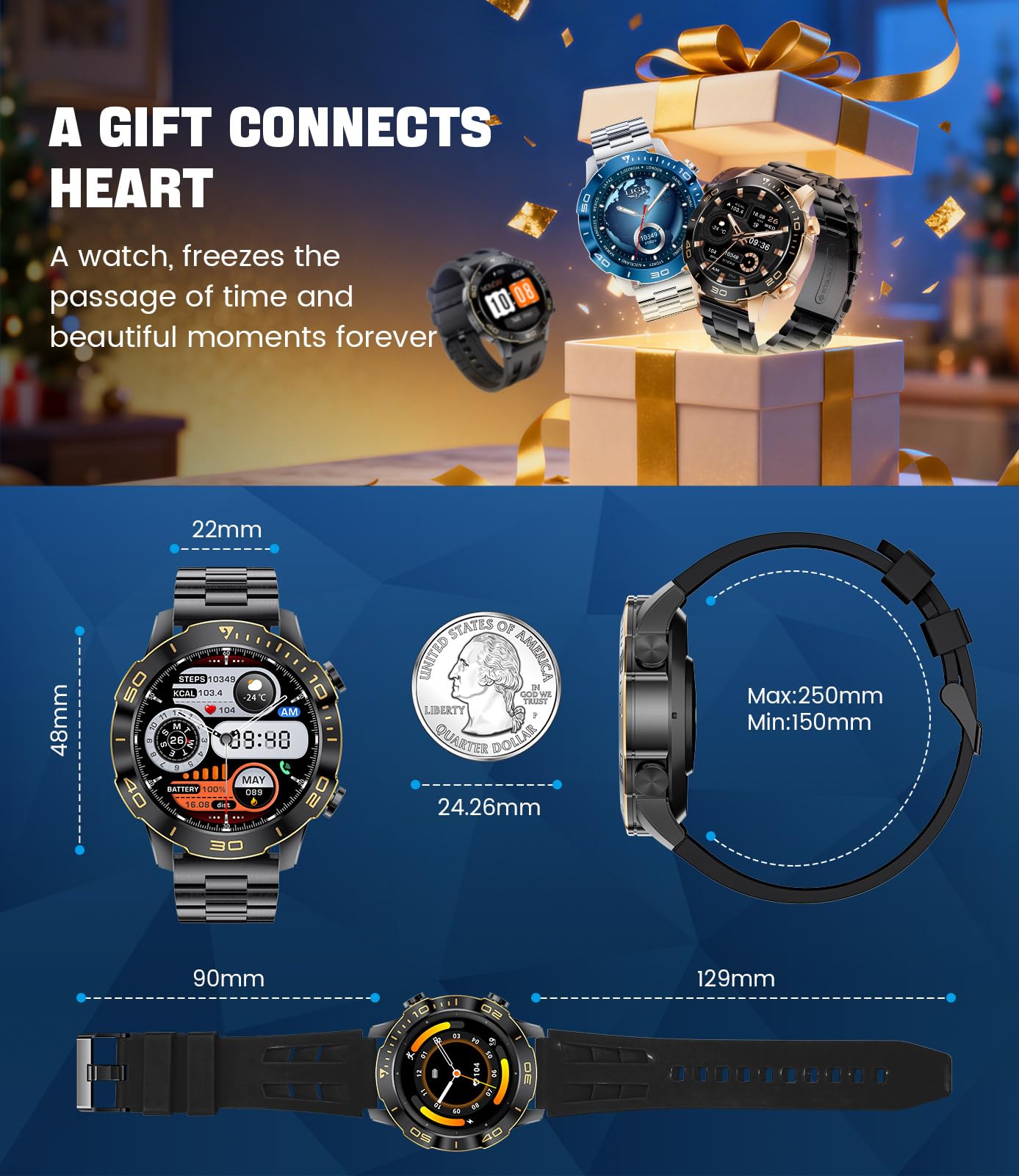 LIGE Montre Connectée Homme, 1.43" AMOLED Smartwatch avec 24/7 Fréquence Cardiaque, SpO2, Durée du Sommeil pour Android/iOS, Étanchéité IP68, 170+ Sports, 300+ Cadran, Boîtier Noir à Index Doré