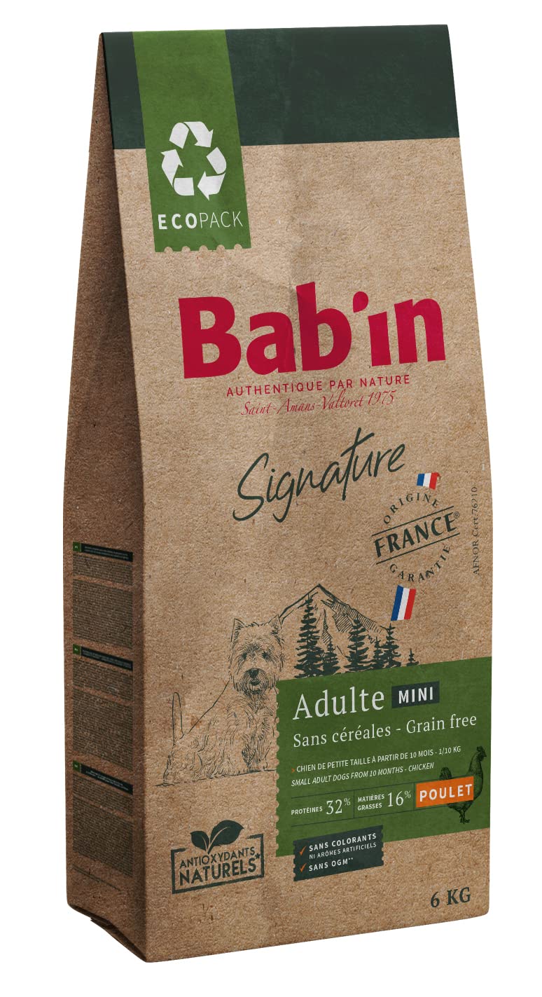 Bab'in Signature Mini Adulte sans Céréales 6KG - Croquettes pour Chien Adulte de Petite Taille (De 1 à 10Kg) - Adaptées aux Allergies et Sensibilités Alimentaires - Riche en Poulet