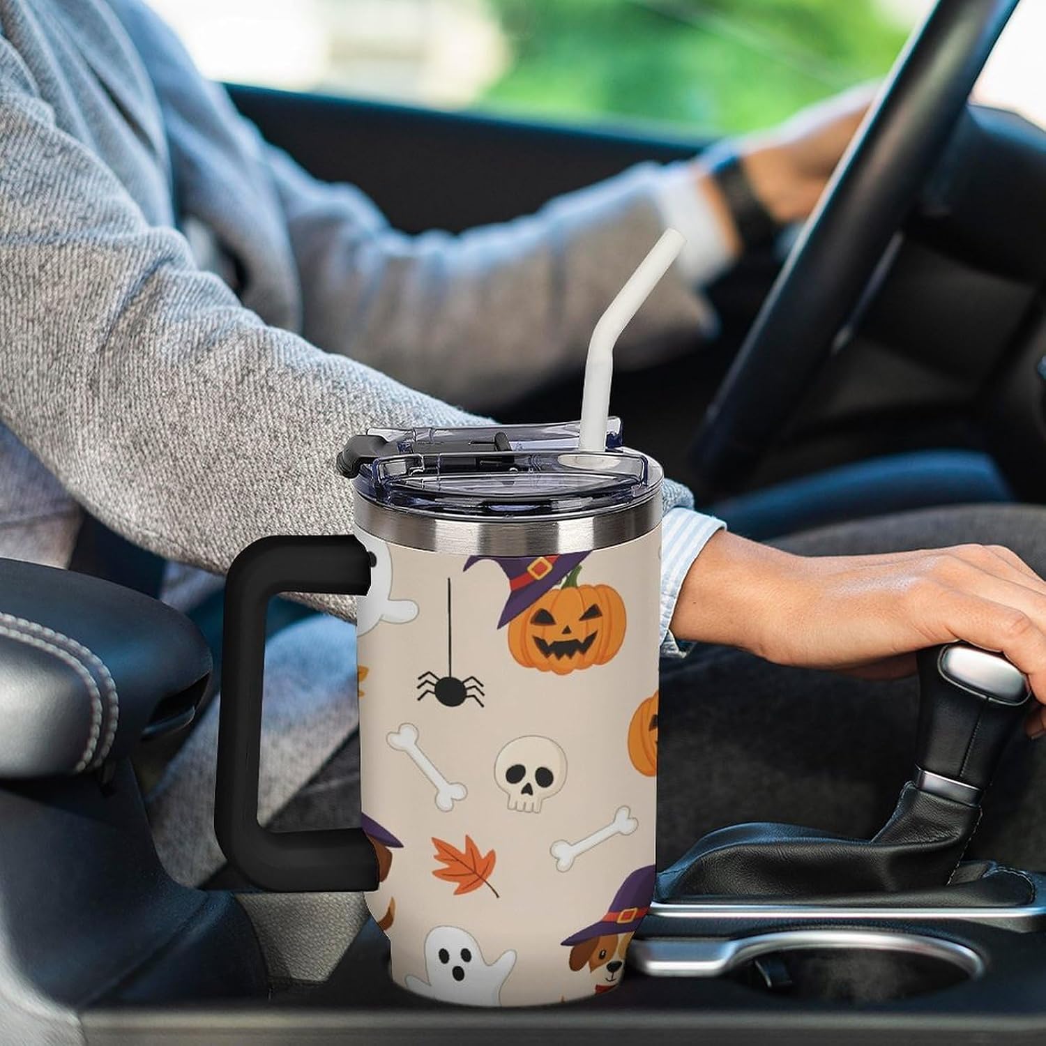 Large Capacity Car Cup 40 Oz Halloween Dog Ghosts Stainless Steel Travel Tumbler Coffee Mug Insulated Bottles Tumbler with Lid And Straw Leak-Proof