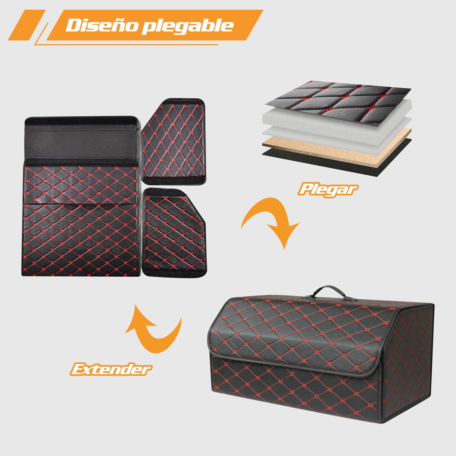 Ergocar Maletero Organizador para Coche Cuero de Lujo PU Almacenamiento Bolsa Impermeable Plegable Organizador para Auto/SUV/Camión (Negro Rojo-L)