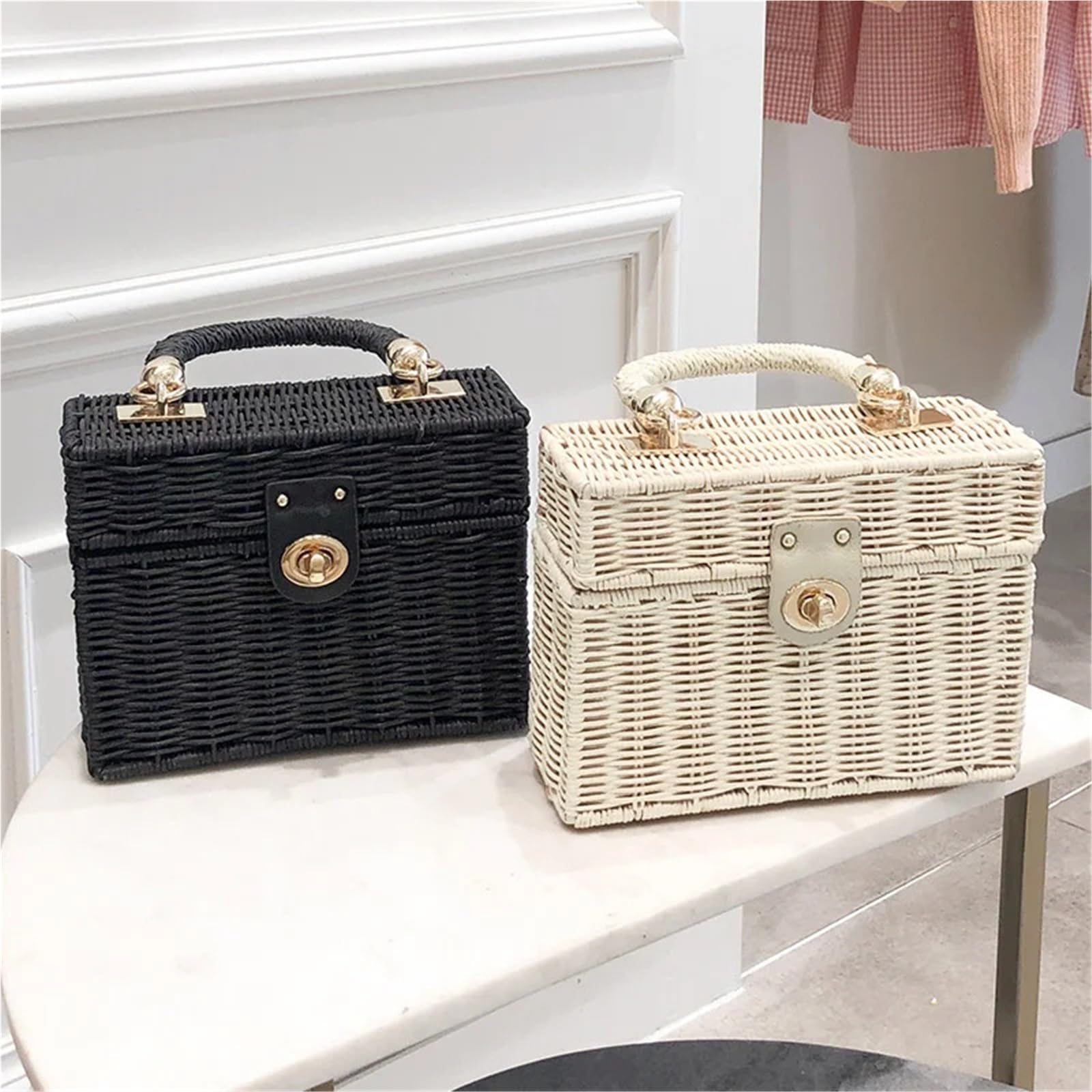Borsa a tracolla in paglia nera in rattan | Borsa a tracolla da donna intrecciata a mano Borsa da spiaggia estiva in paglia con scatola quadrata for signora