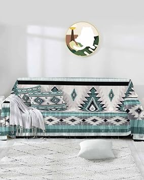 Turquoise Aztec Sofa Covers for 3 Cushion, Washable Couch Cover for Sectional Sofa Slipcovers with Tassel, Southwestern Native American Indian Print Loveseat Covers Futon Cover Blanket 71x118
