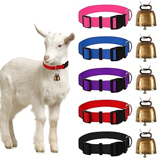 Kwerdas 5 Pack Goat Collar with Bell, Adjustable Nylon Collar Set, Anti-Lost Loud Grazing Copper Bells for Small Farm Animal Cow Sheep Accessories