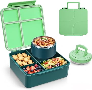 MAXSO Bento Lunch Box Set for Kids with 8 oz Soup Thermo, Leakproof Hot Food Container with 4 Compartments, Insulated Food Jar for Toddler Daycare Boys Girls School - Green