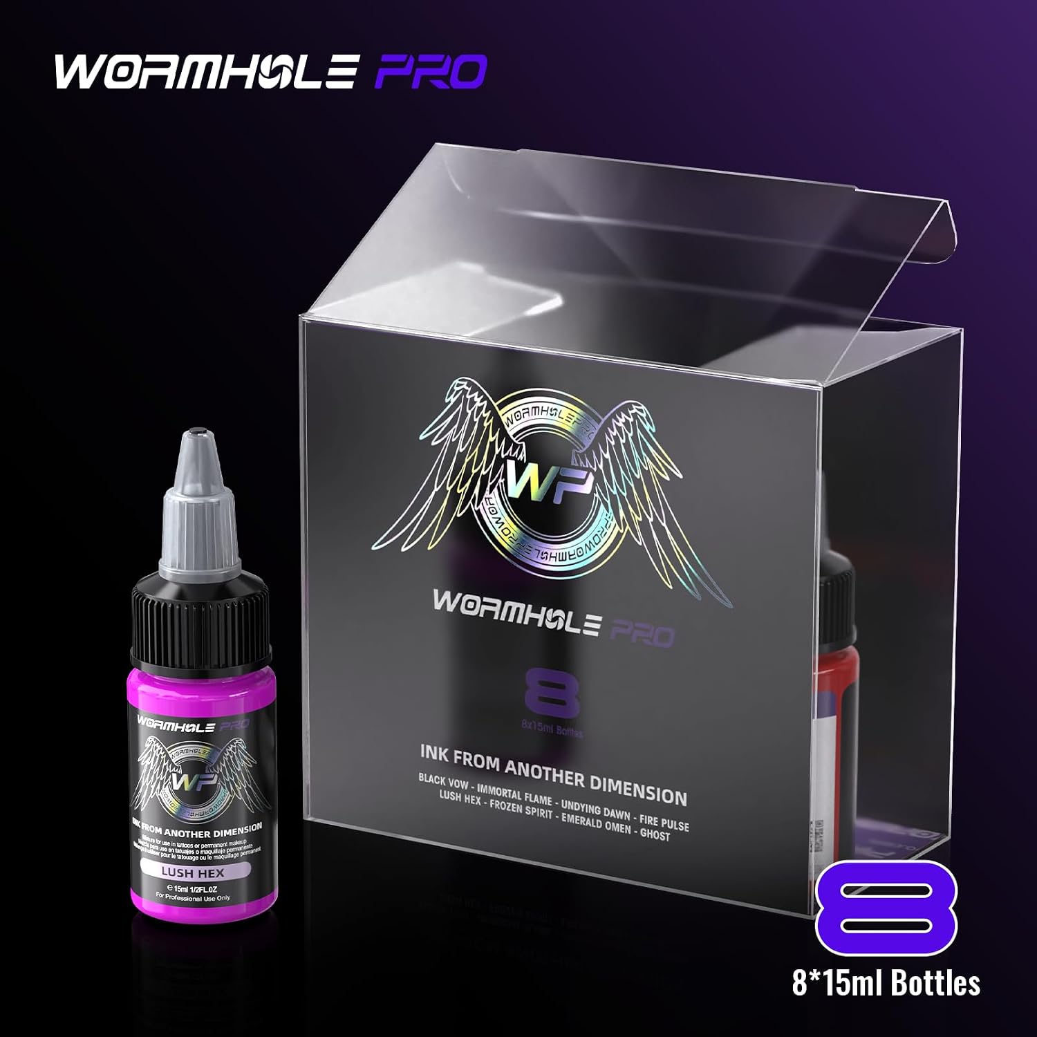 8-Color Tattoo Ink Set Wormhole PRO Tattoo Ink 0.5OZ (15ml) - Vegan, Vibrant, Fade Resistant Pigment for Coloring, Lines, and Color Packaging - Artist Ink Set
